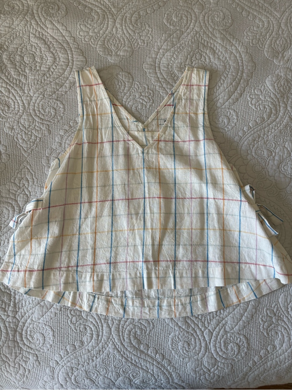 Madewell Cream Plaid V-Neck Tie-Side Tank Top